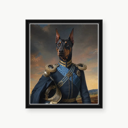 Doberman General custom pet portrait with classic black polystyrene frame