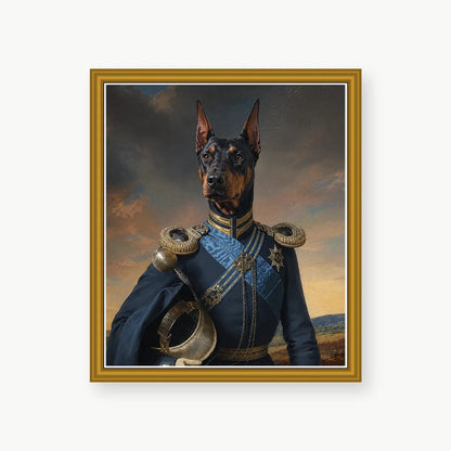 Doberman General custom pet portrait with elegant gold polystyrene frame
