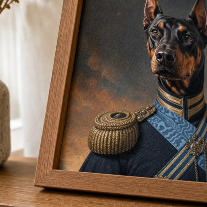 Close-up of Doberman General textured film canvas and wood-tone polystyrene frame