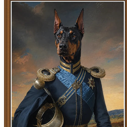 Close-up of Doberman General textured film canvas and vintage wood polystyrene frame