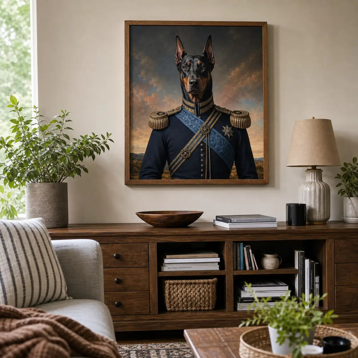 Doberman General custom framed pet portrait displayed as home decor