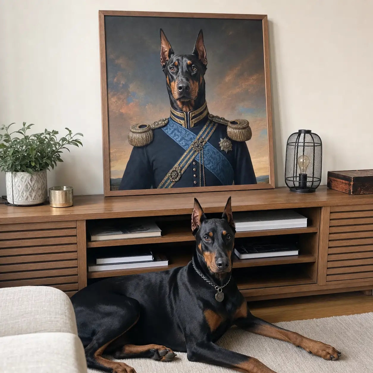 Doberman General custom pet portrait displayed in a real home beside a matching pet