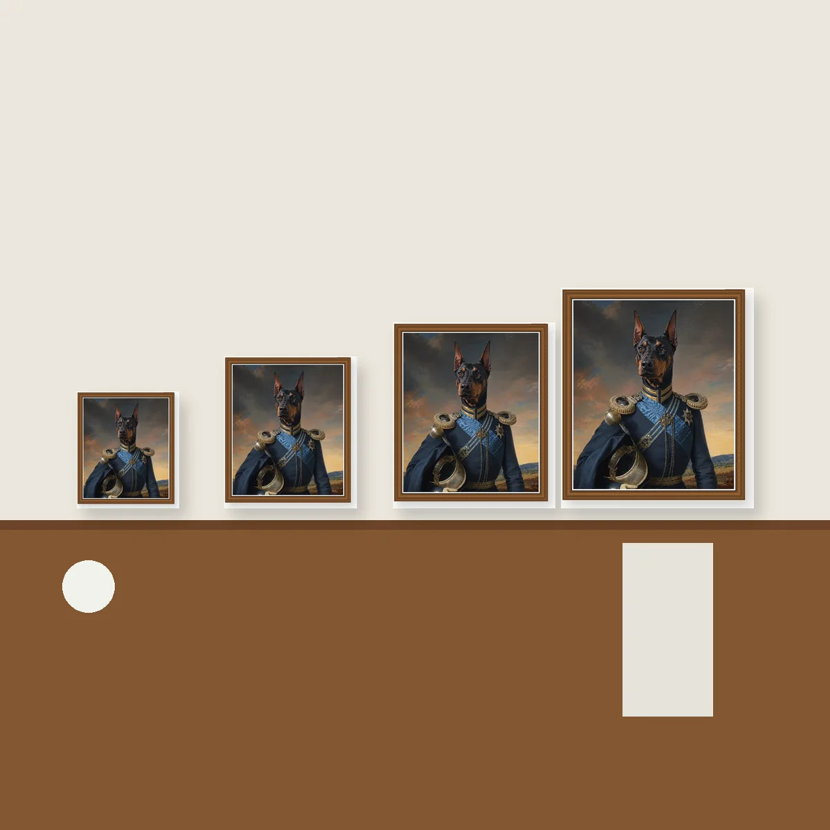 Doberman General custom pet portrait size reference with four framed canvas sizes