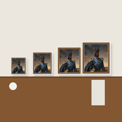Doberman General custom pet portrait size reference with four framed canvas sizes