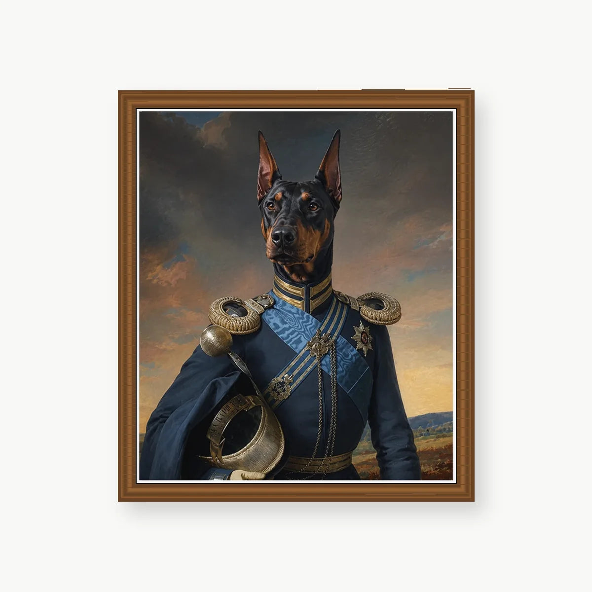 Doberman General custom pet portrait with vintage wood polystyrene frame