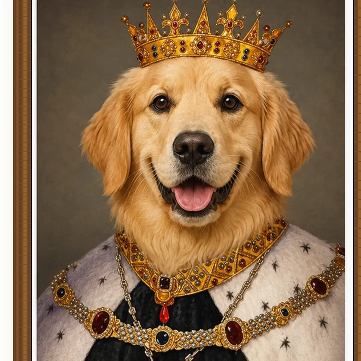 Close-up of Golden Retriever King textured film canvas and vintage wood polystyrene frame
