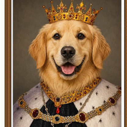 Close-up of Golden Retriever King textured film canvas and vintage wood polystyrene frame