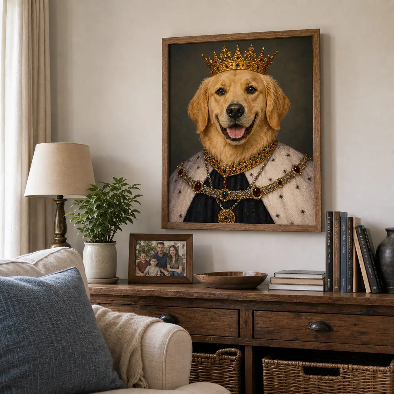 Golden Retriever King custom framed pet portrait displayed as home decor