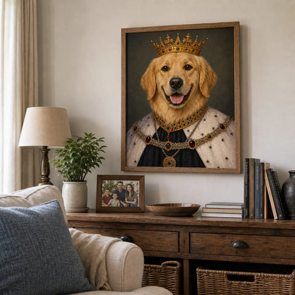 Golden Retriever King custom framed pet portrait displayed as home decor