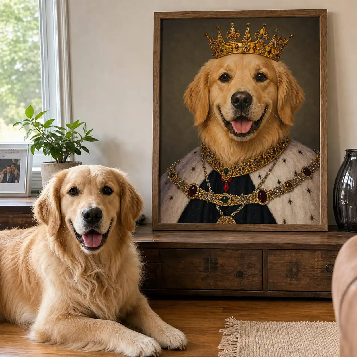 Golden Retriever King custom pet portrait displayed in a real home beside a matching pet