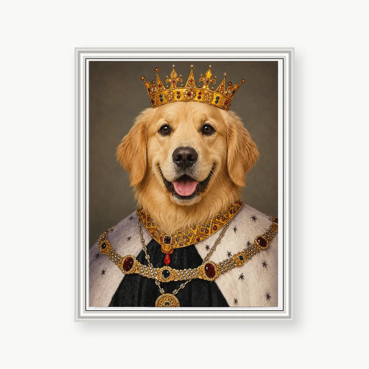 Golden Retriever King custom pet portrait with premium white polystyrene frame
