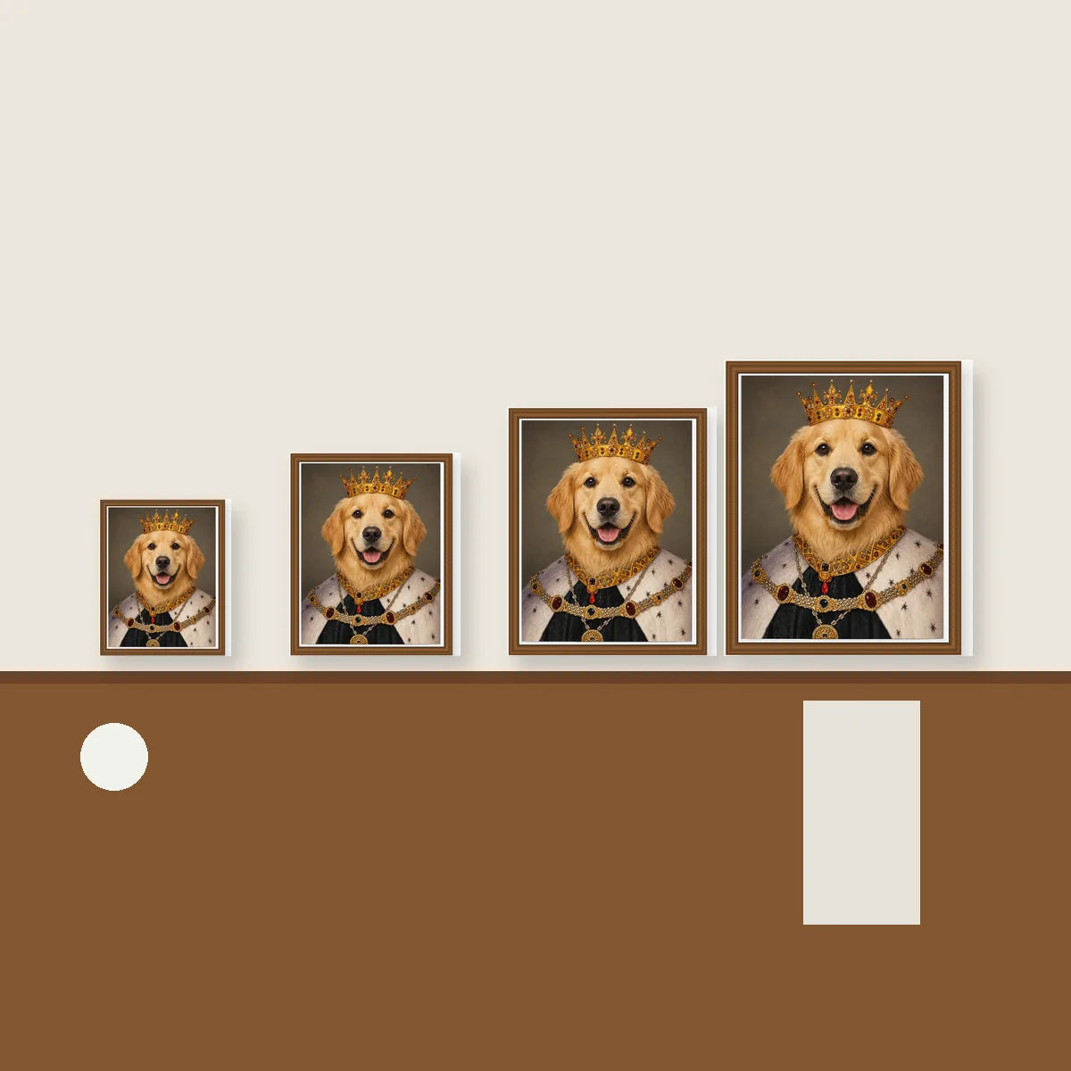 Golden Retriever King custom pet portrait size reference with four framed canvas sizes