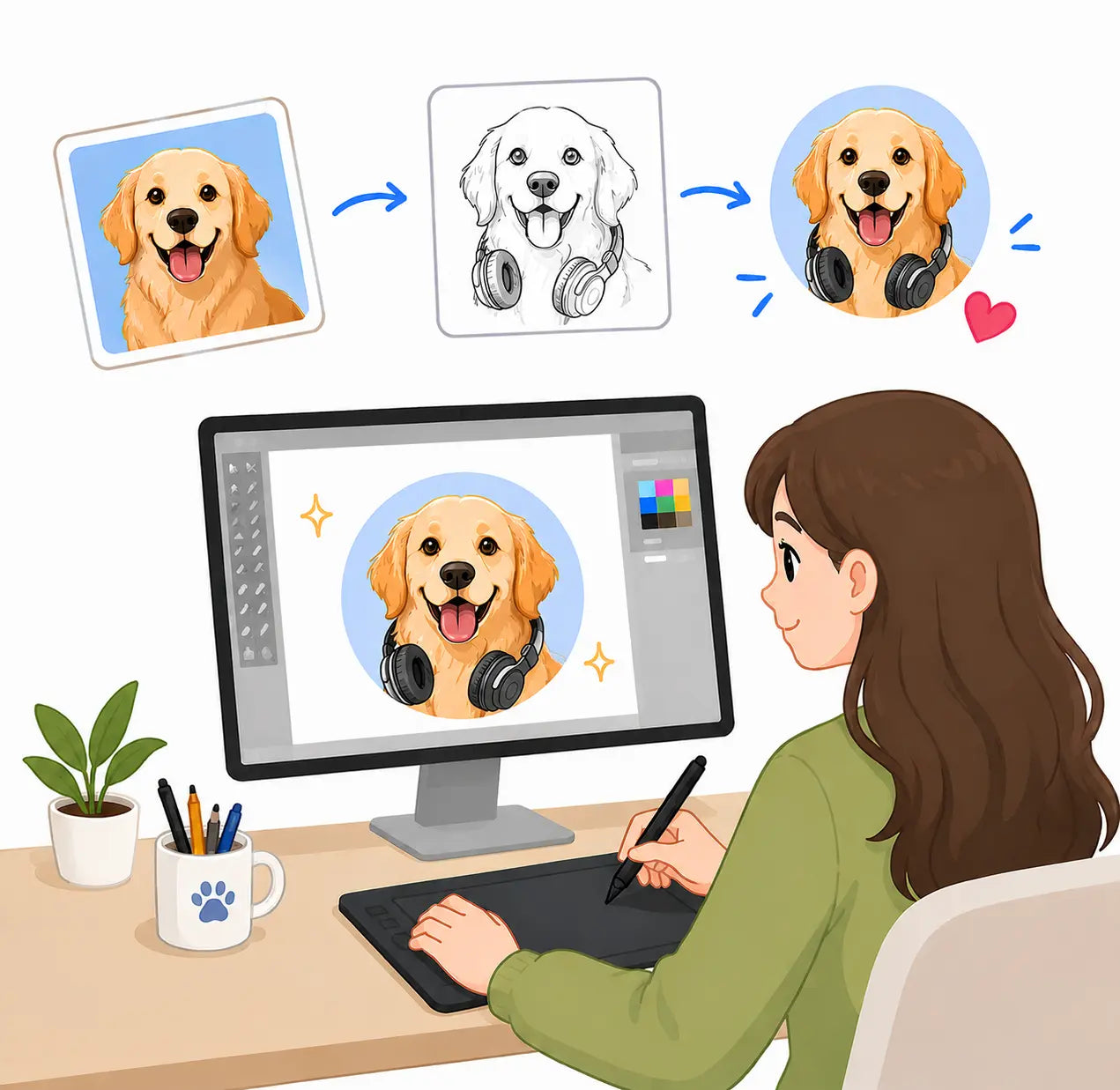Artist creating a handmade custom pet portrait design from a pet photo for personalized accessories and gifts.