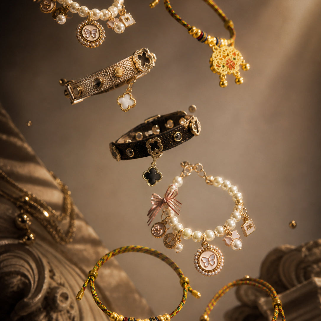 Luxury pet collars and bracelets collection with gold charms and pearl accessories floating in elegant display background.