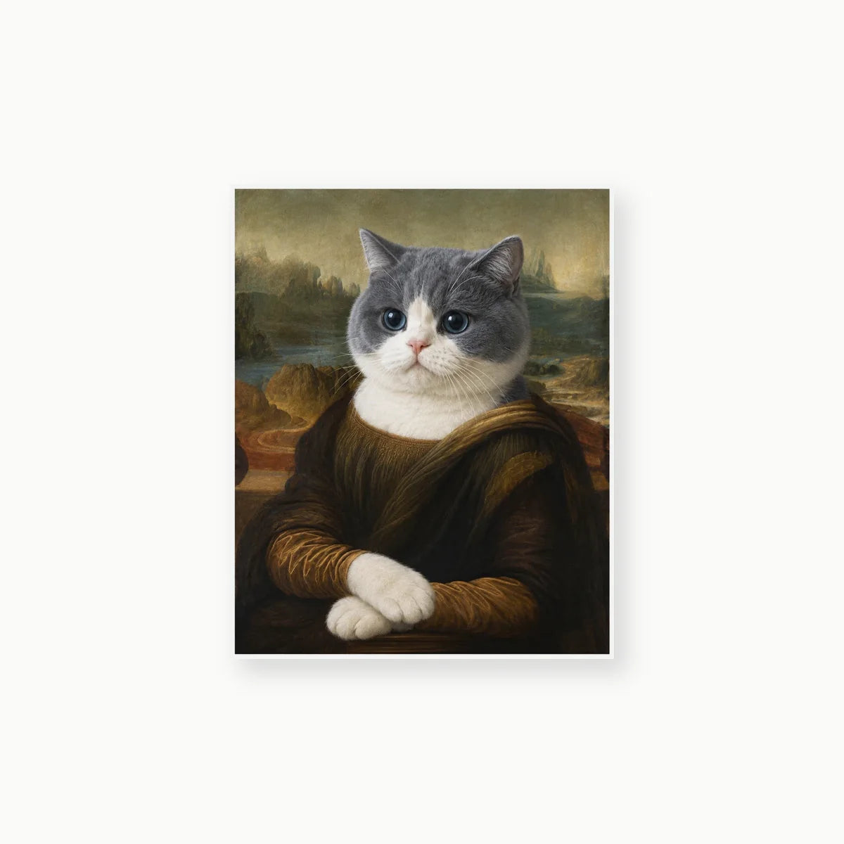 Mona Lisa Cat custom pet portrait artwork preview on textured film canvas