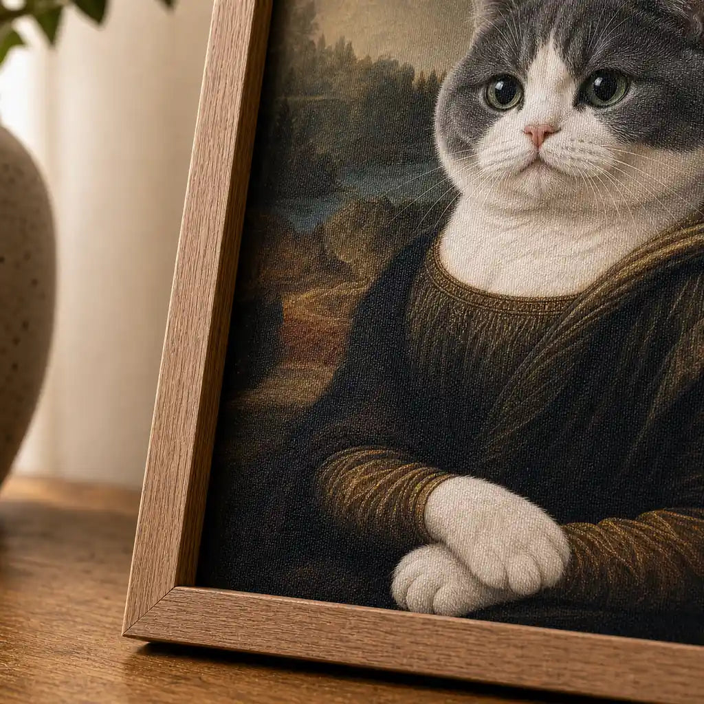 Close-up of Mona Lisa Cat textured film canvas and wood-tone polystyrene frame