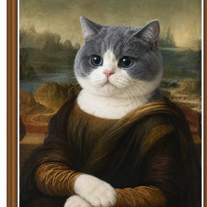 Close-up of Mona Lisa Cat textured film canvas and vintage wood polystyrene frame