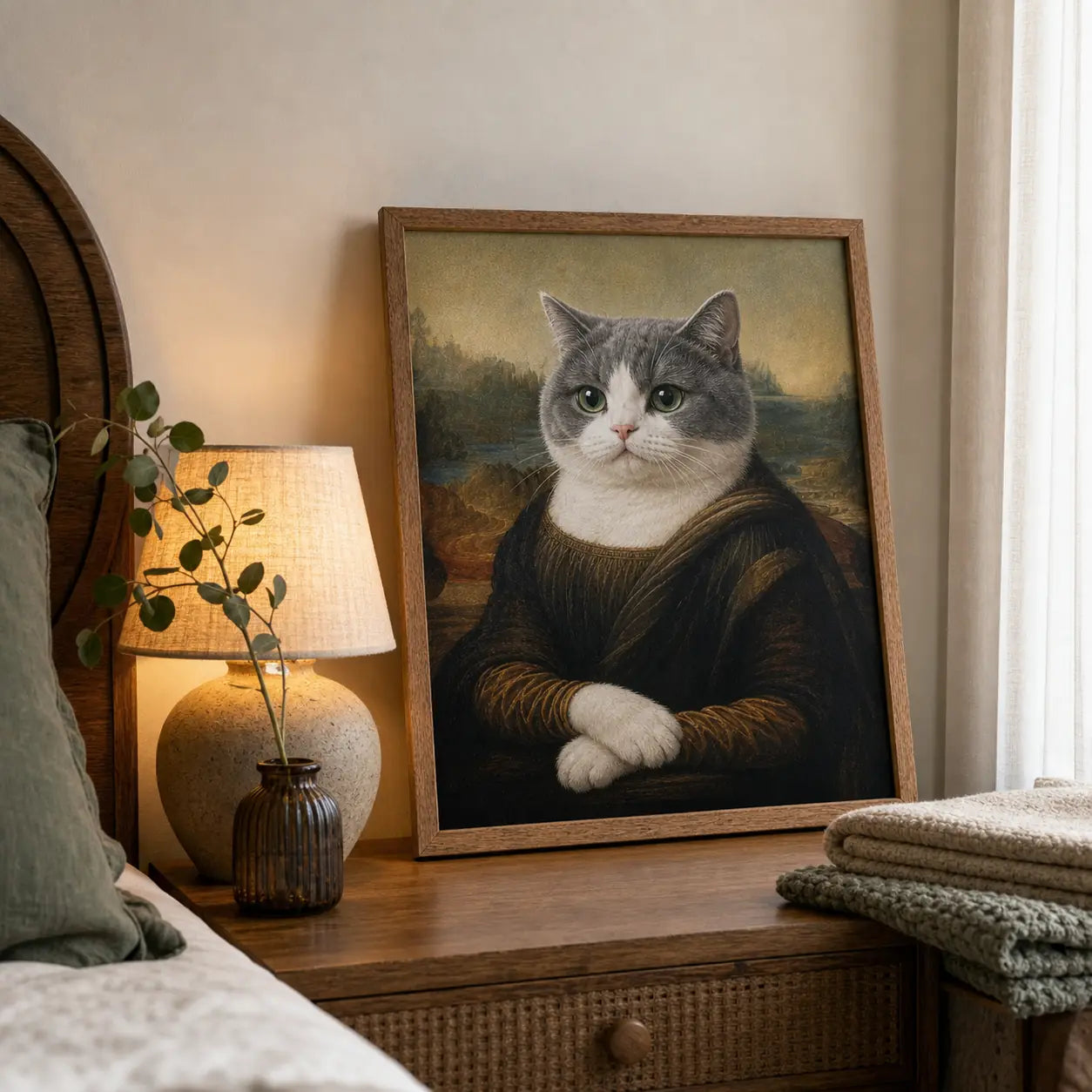 Mona Lisa Cat custom framed pet portrait displayed as home decor