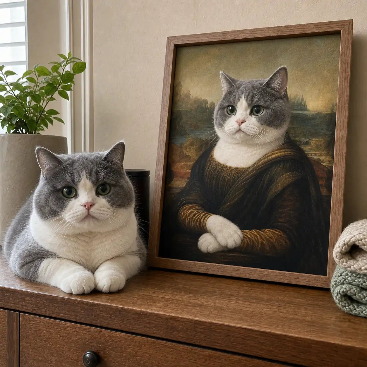 Mona Lisa Cat custom pet portrait displayed in a real home beside a matching pet