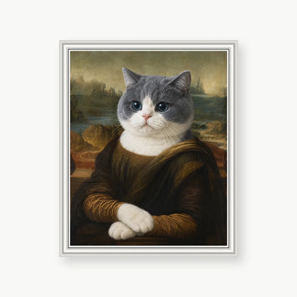 Mona Lisa Cat custom pet portrait with premium white polystyrene frame