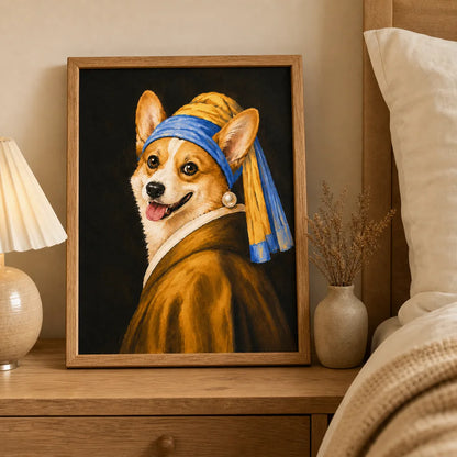 Pearl Girl custom pet portrait displayed on a cozy bedroom bedside table