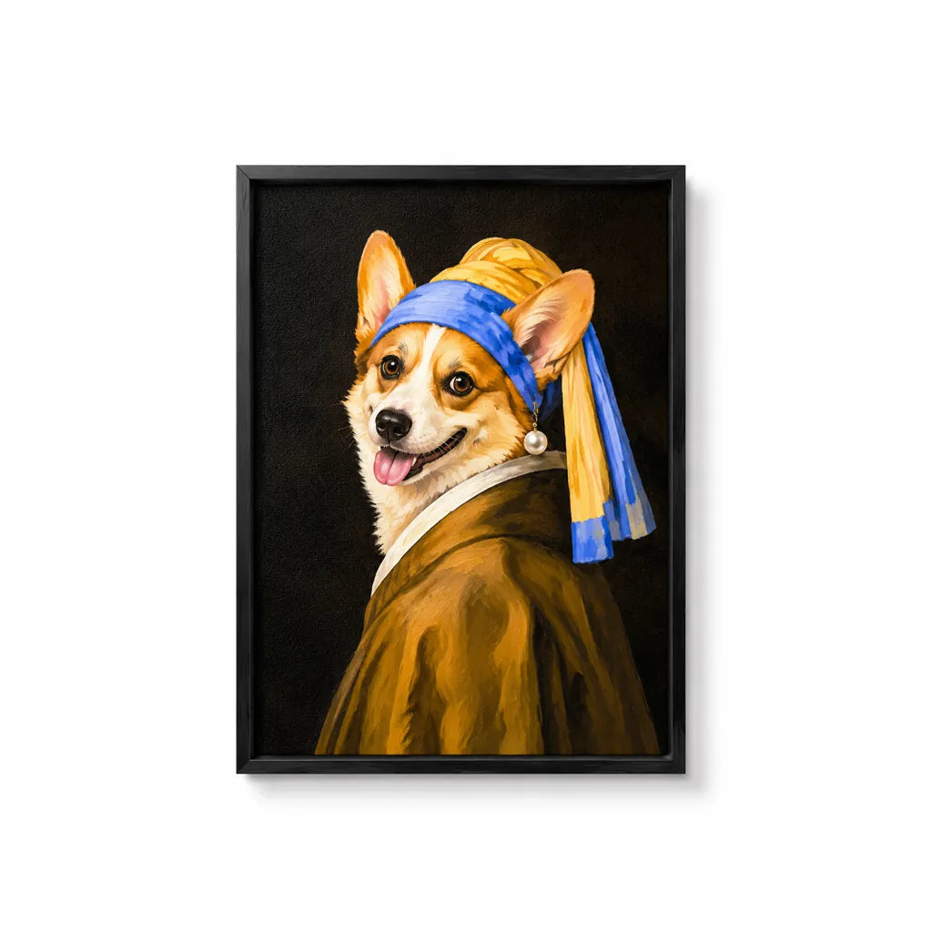 Pearl Girl custom pet portrait with classic black polystyrene frame and textured film canvas
