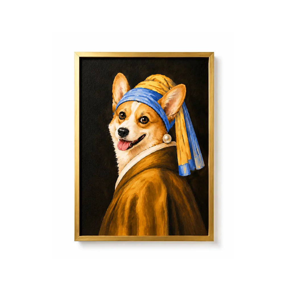 Pearl Girl custom pet portrait with elegant gold polystyrene frame and textured film canvas