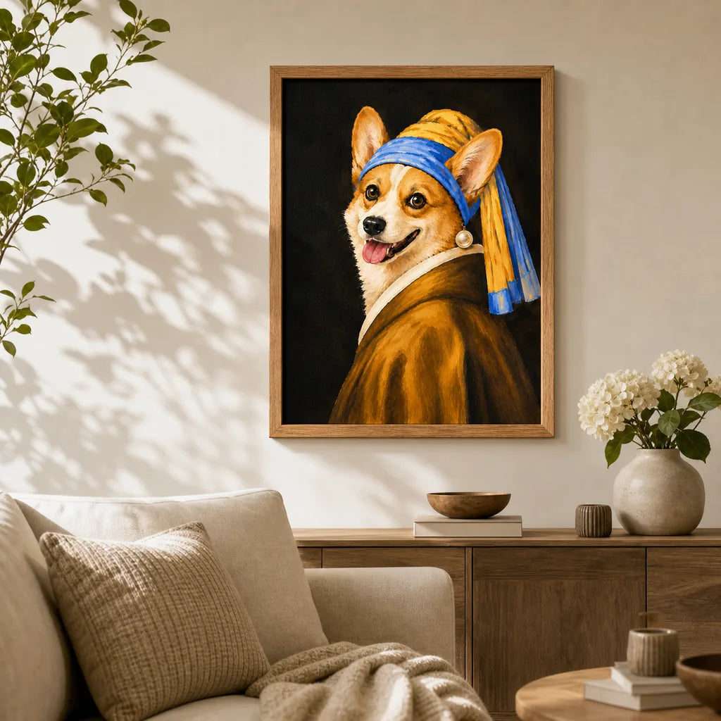 Pearl Girl custom framed pet portrait styled as living room wall art