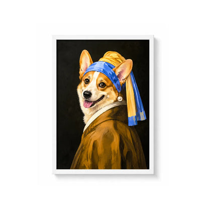 Pearl Girl custom pet portrait with premium white polystyrene frame and textured film canvas