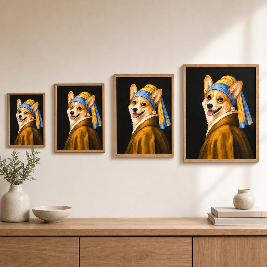 Pearl Girl custom pet portrait size reference wall display with four frame sizes