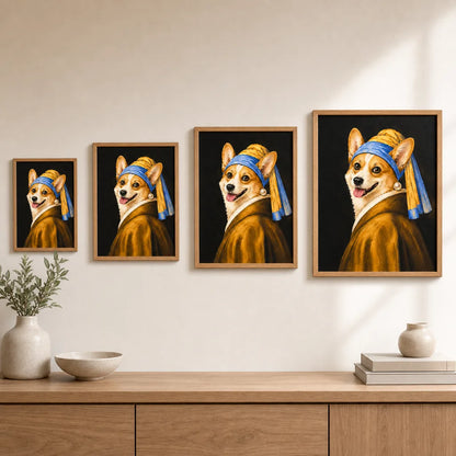 Pearl Girl custom pet portrait size reference wall display with four frame sizes