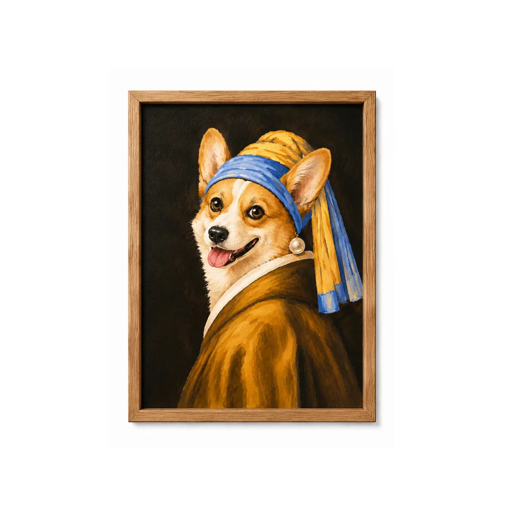 Pearl Girl custom pet portrait with vintage wood polystyrene frame and textured film canvas