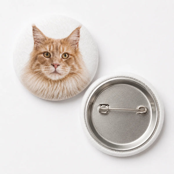 Front and back view of personalized plush button pin with Maine Coon cat portrait and metal safety pin backing.