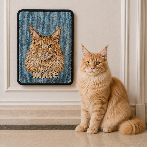 Custom sisal cat scratcher wall mat featuring a personalized cat portrait with a matching stylish cat wearing a pink sweater and sunglasses.