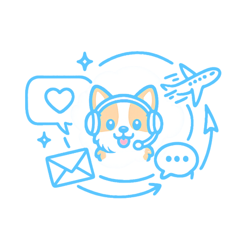 Cute pet customer support icon featuring live chat, email support, and worldwide assistance for custom pet orders.