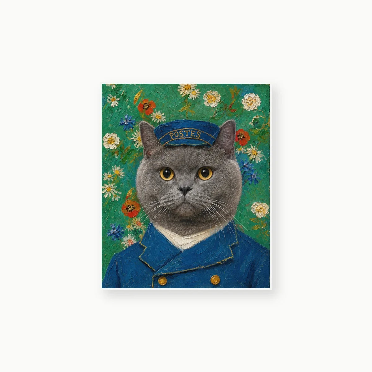 Postman Cat custom pet portrait artwork preview on textured film canvas