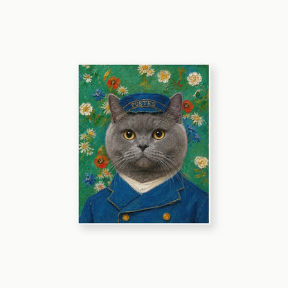 Postman Cat custom pet portrait artwork preview on textured film canvas