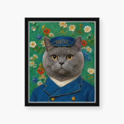 Postman Cat custom pet portrait with classic black polystyrene frame