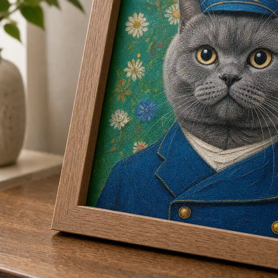 Close-up of Postman Cat textured film canvas and wood-tone polystyrene frame