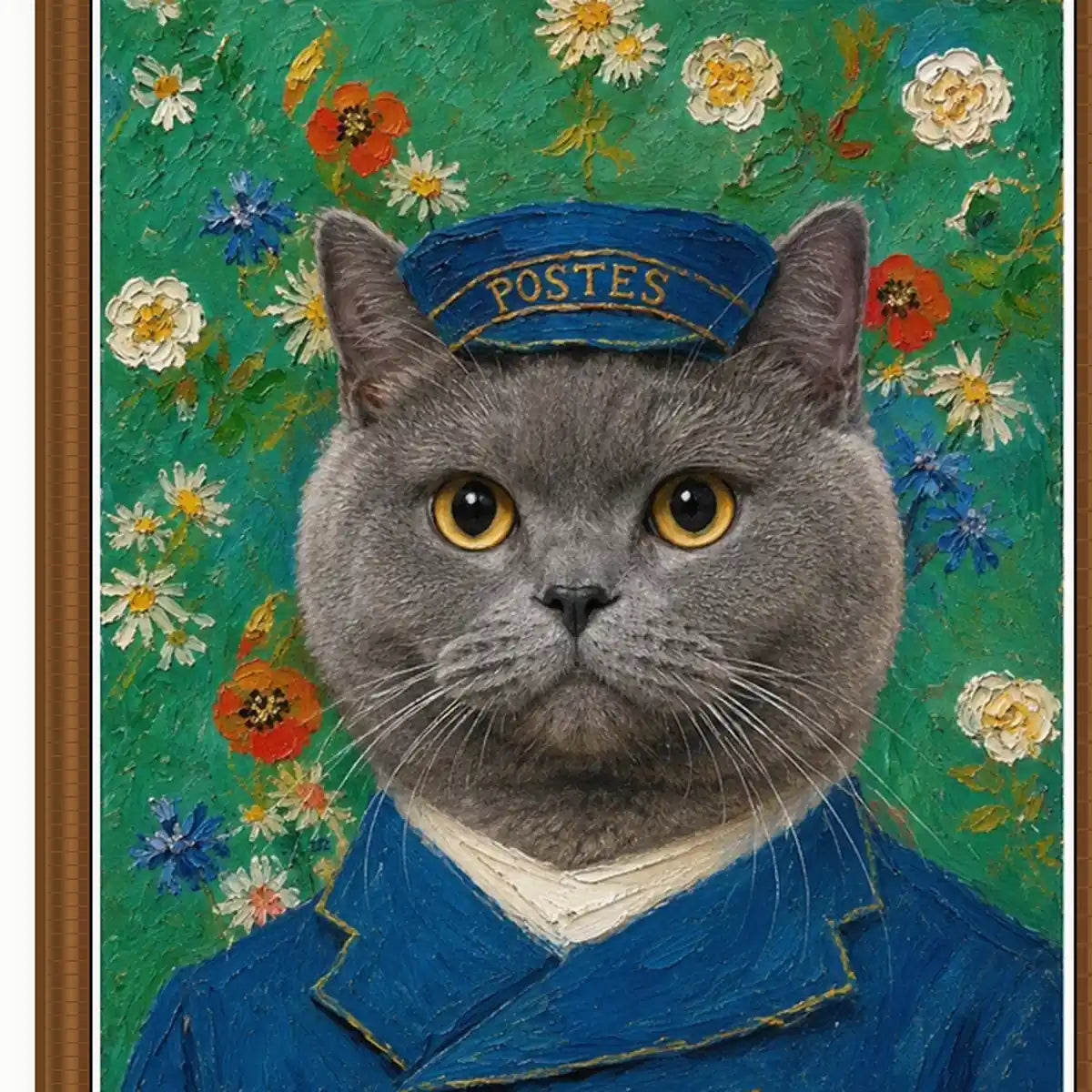 Close-up of Postman Cat textured film canvas and vintage wood polystyrene frame