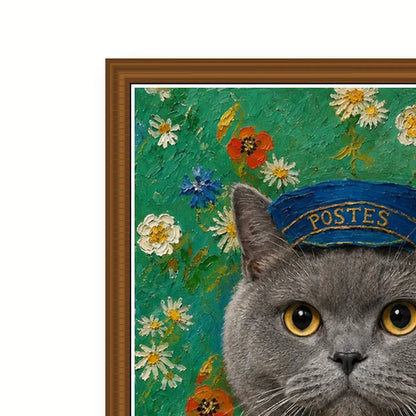 Close-up of Postman Cat polystyrene frame corner and textured film canvas