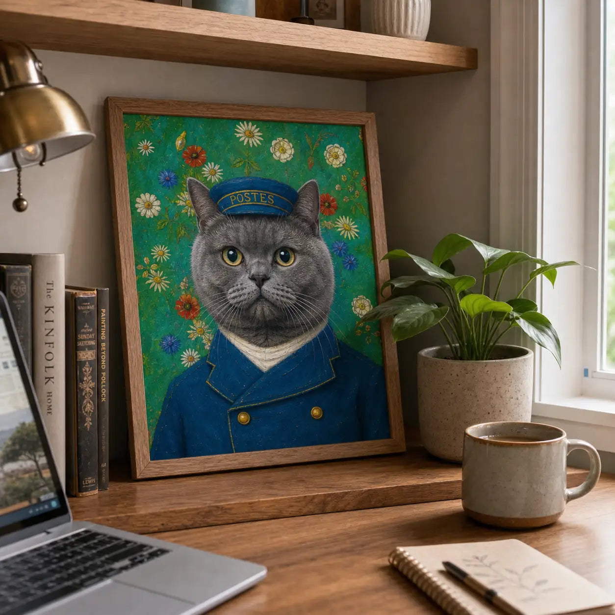 Postman Cat custom framed pet portrait displayed as home decor