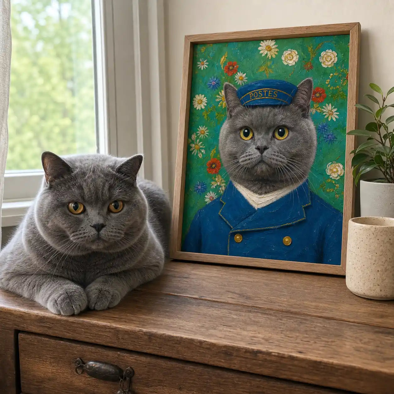 Postman Cat custom pet portrait displayed in a real home beside a matching pet