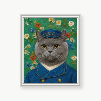 Postman Cat custom pet portrait with premium white polystyrene frame