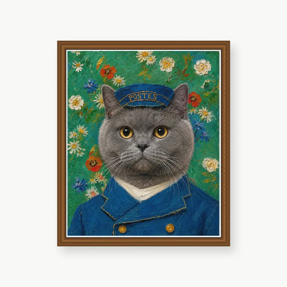 Postman Cat custom pet portrait with vintage wood polystyrene frame