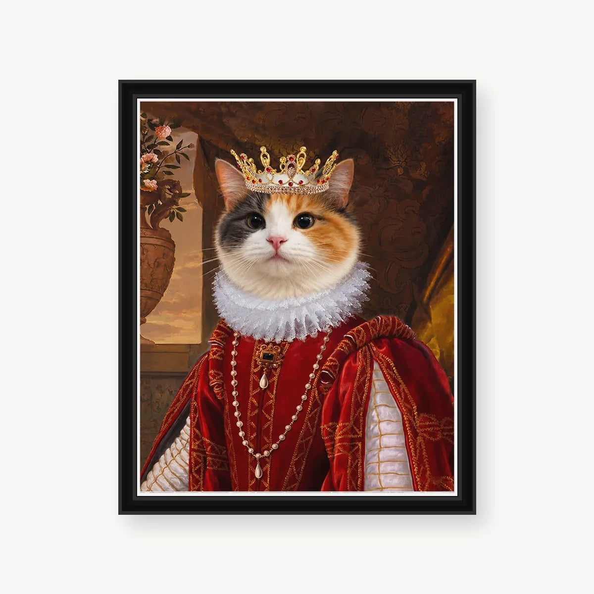 Queen Cat custom pet portrait with classic black polystyrene frame