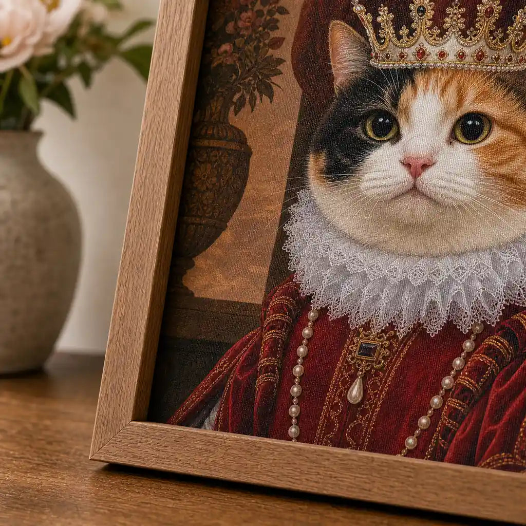 Close-up of Queen Cat textured film canvas and wood-tone polystyrene frame