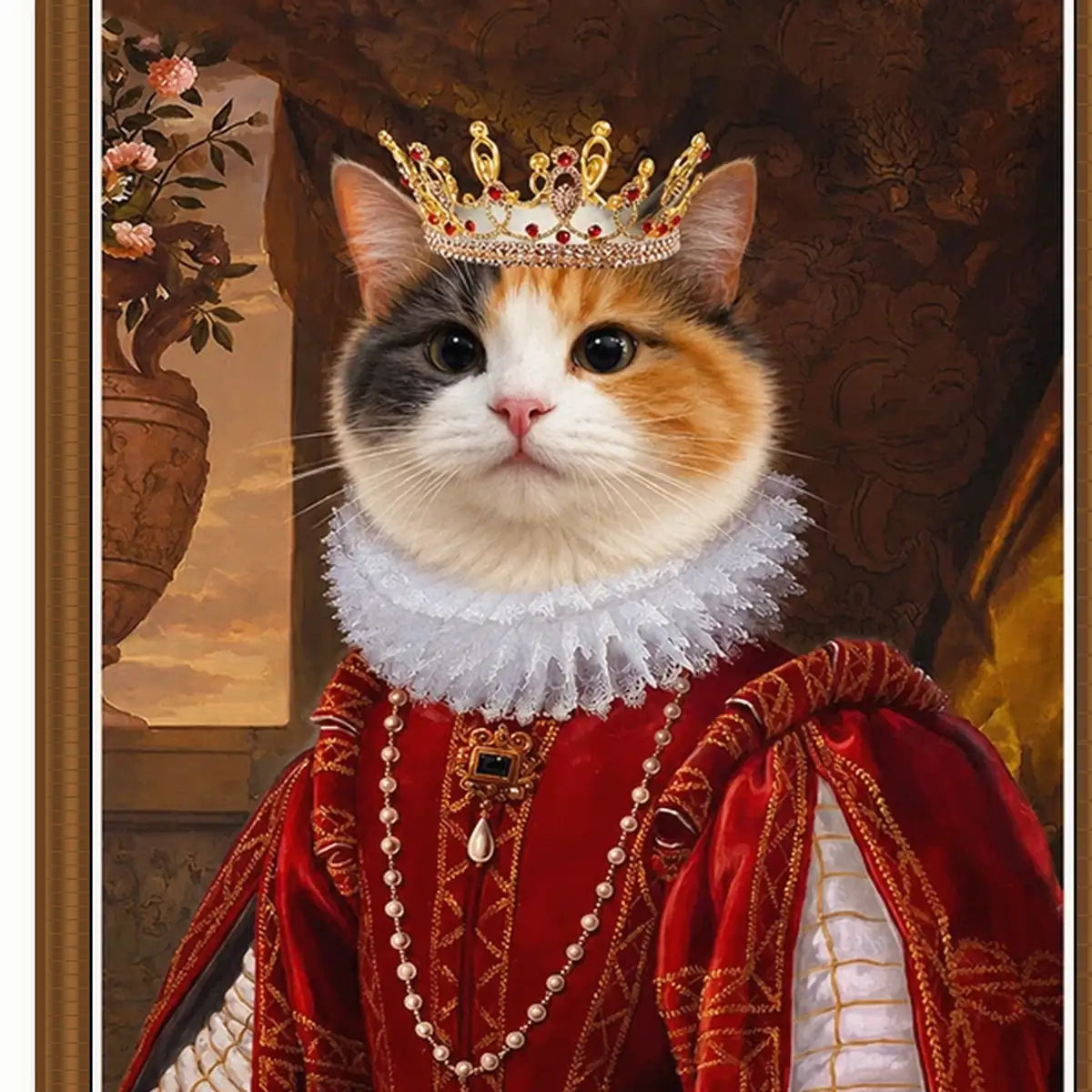 Close-up of Queen Cat textured film canvas and vintage wood polystyrene frame