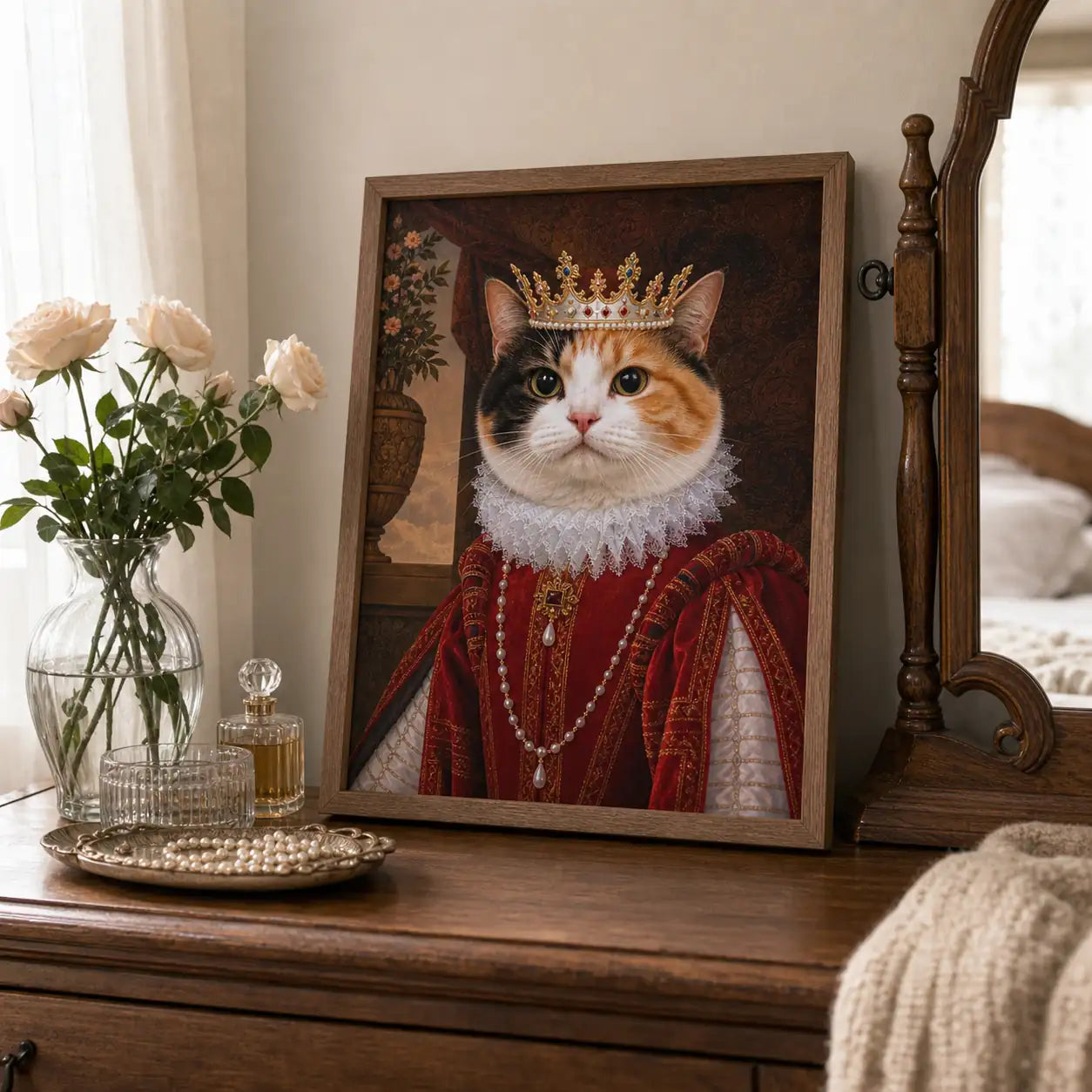 Queen Cat custom framed pet portrait displayed as home decor