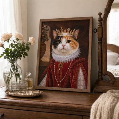Queen Cat custom framed pet portrait displayed as home decor